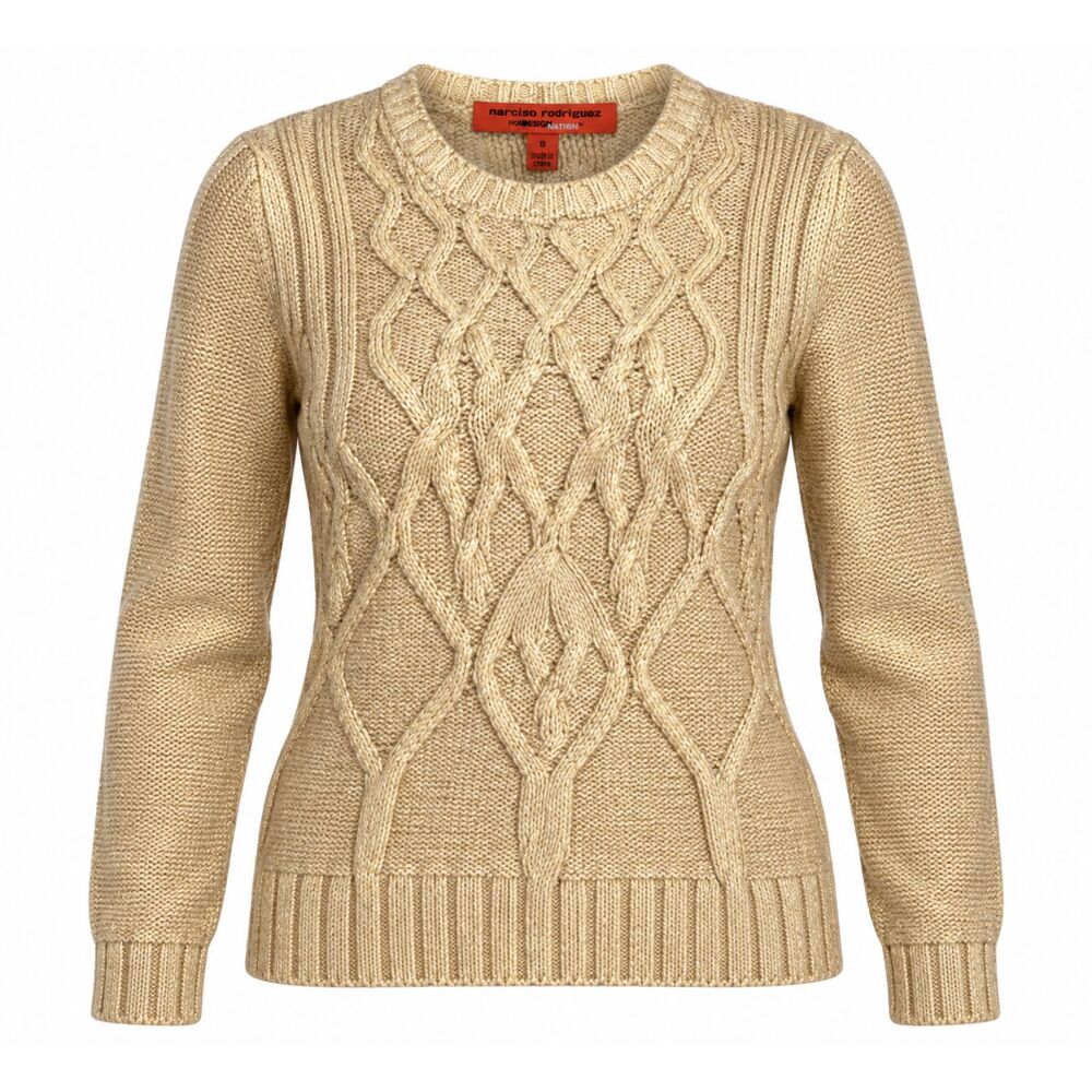 Narciso Rodriguez for Design Nation Natural Gold Metallic Cable Knit Sweater